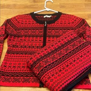 Neve 100% Wool Red and Black Geometric Zip-Up Sweater With Shawl